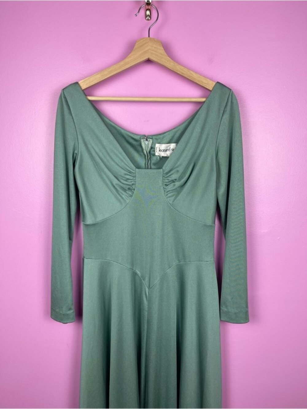 Leonard Sunshine Vintage 70s Slip Dress 12 Sage Green Hong Kong - Picture 3 of 9